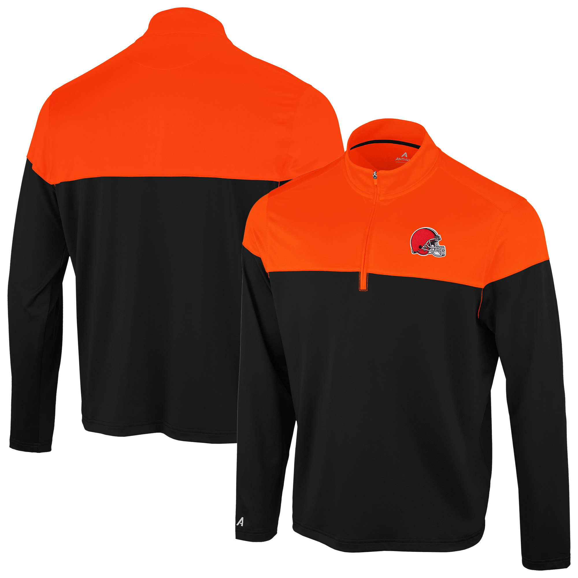 Men's Antigua Black/Orange Cleveland Browns Hinder Quarter-Zip Pullover