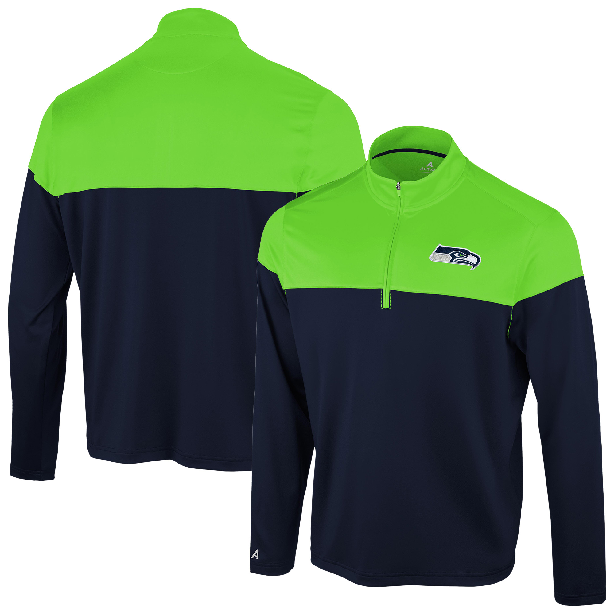 Men's Antigua College Navy/Neon Green Seattle Seahawks Hinder Quarter-Zip Pullover