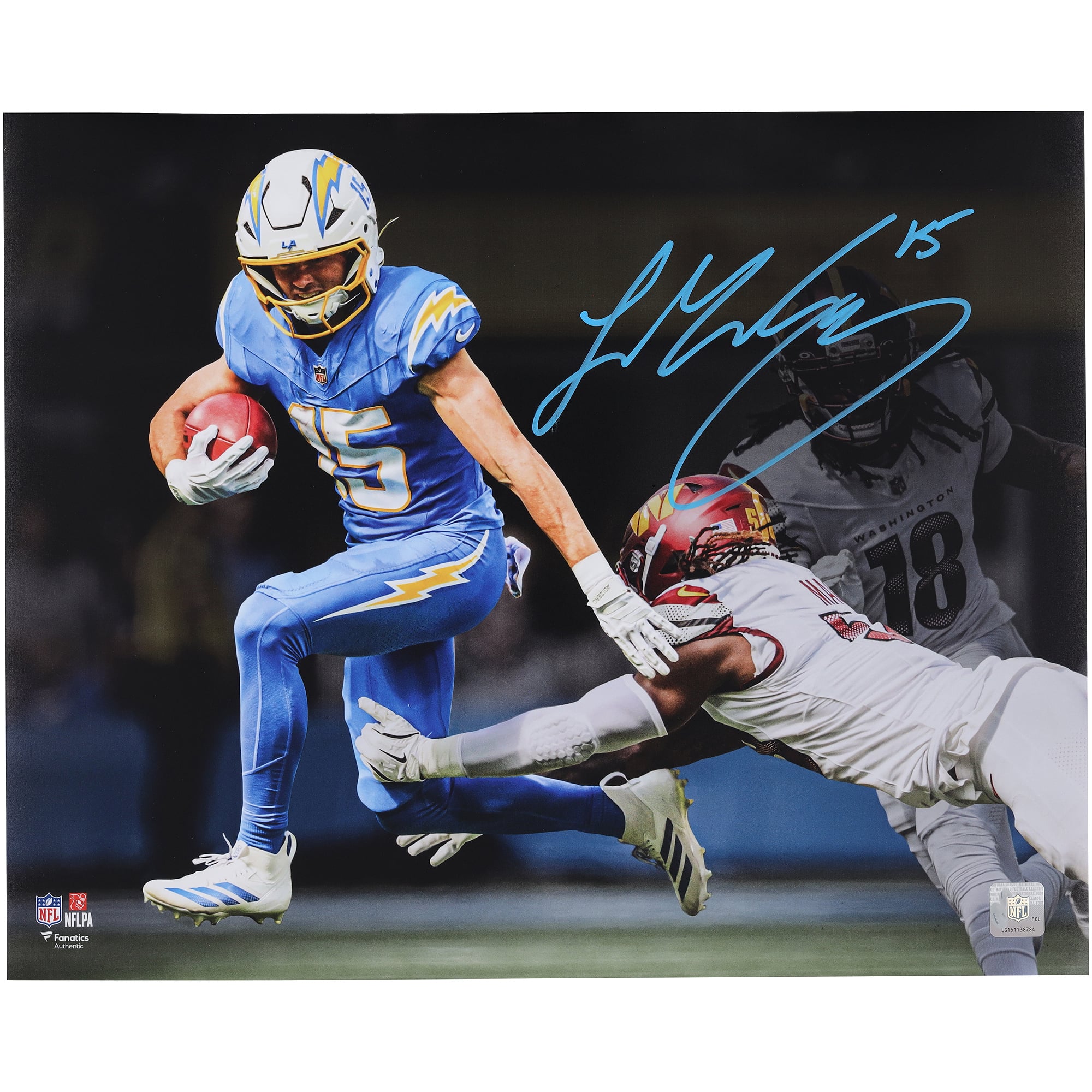 Ladd McConkey Los Angeles Chargers Autographed 16" x 20" Juking Defender Spotlight Photograph