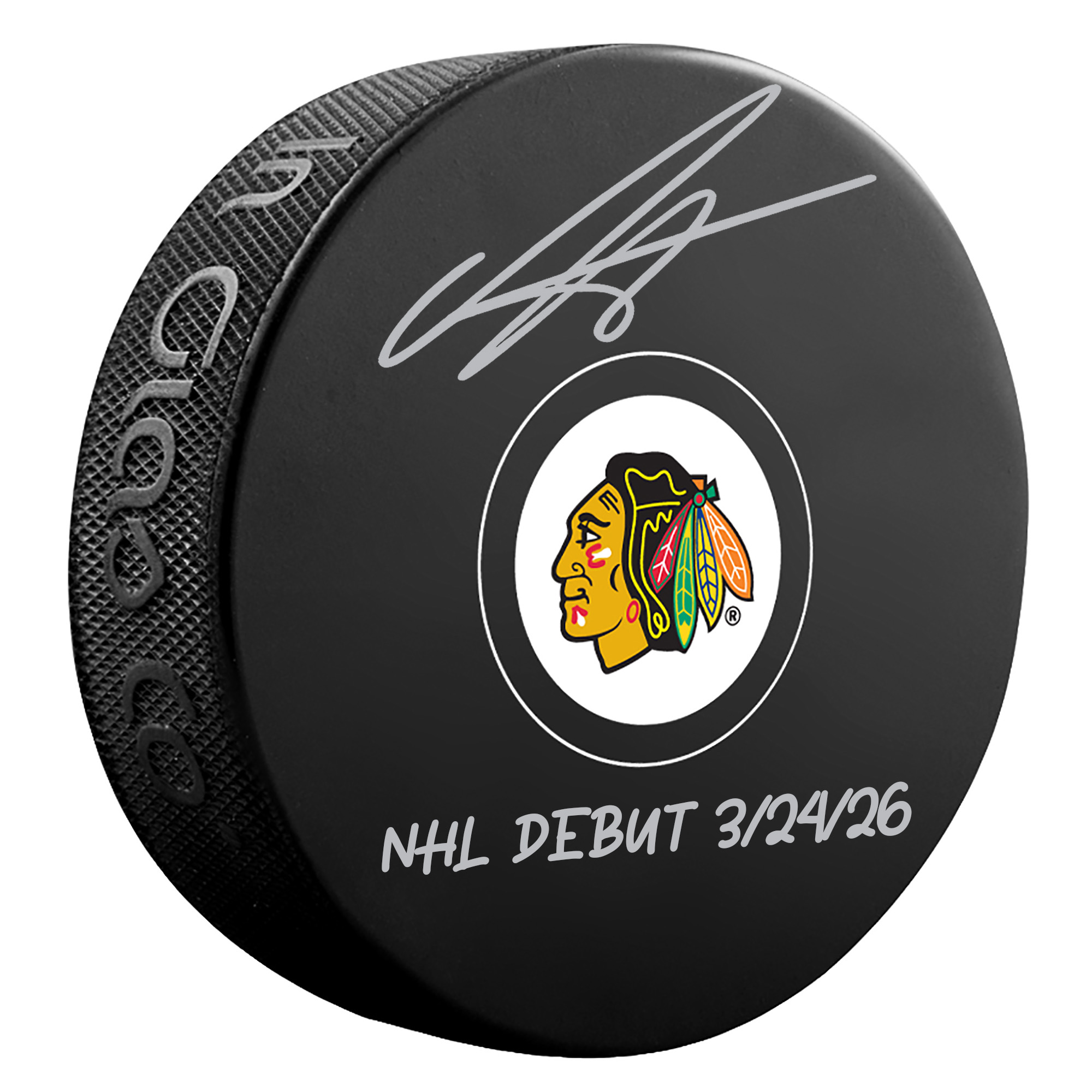 Anton Frondell Chicago Blackhawks Autographed Hockey Puck with "NHL Debut 3/24/26" Inscription