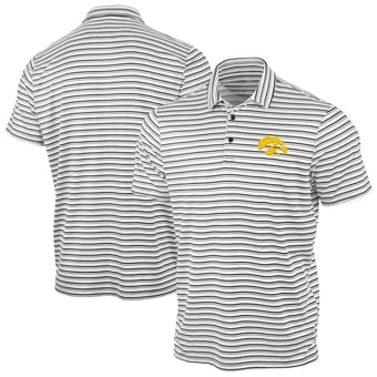Men's Antigua Black Iowa Hawkeyes Space Stripe Polo