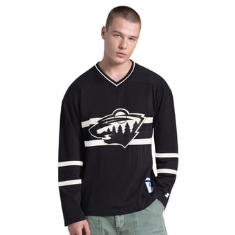 Men's Starter Black Minnesota Wild Line Up Long Sleeve V-Neck T-Shirt