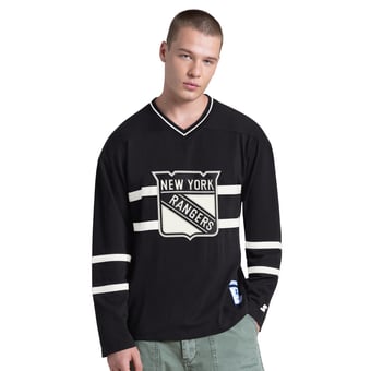 Men's Starter Black New York Rangers Line Up Long Sleeve V-Neck T-Shirt