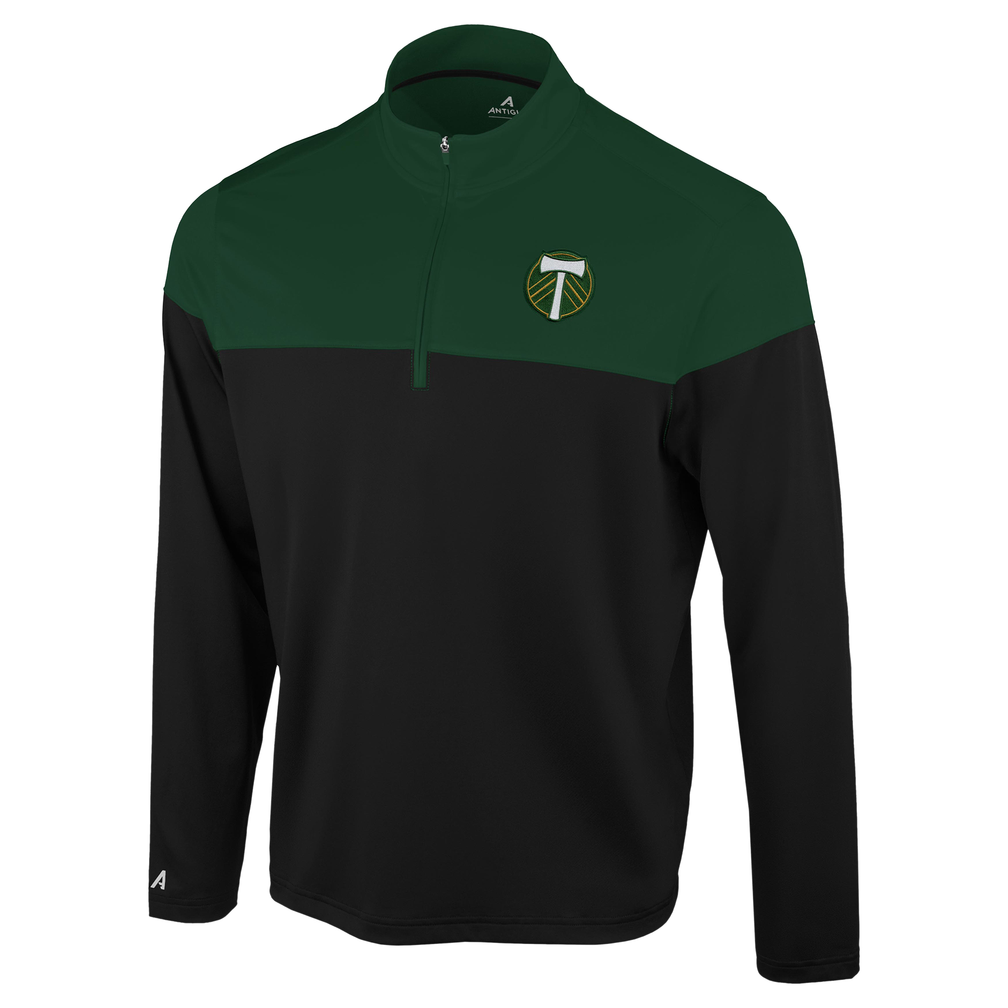 Men's Antigua Black/Green Portland Timbers Hinder Quarter-Zip Pullover