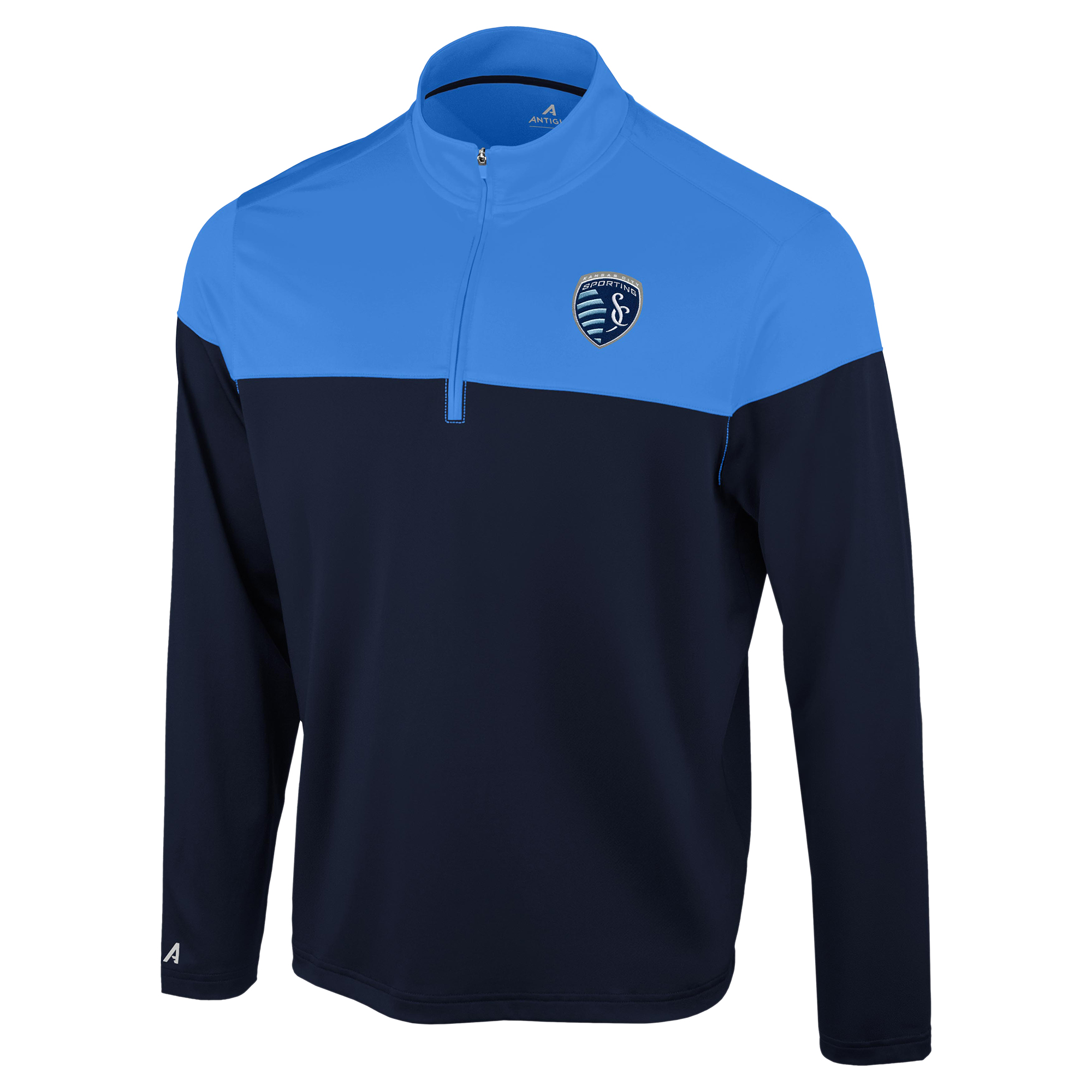 Men's Antigua Navy/Sky Blue Sporting Kansas City Hinder Quarter-Zip Pullover