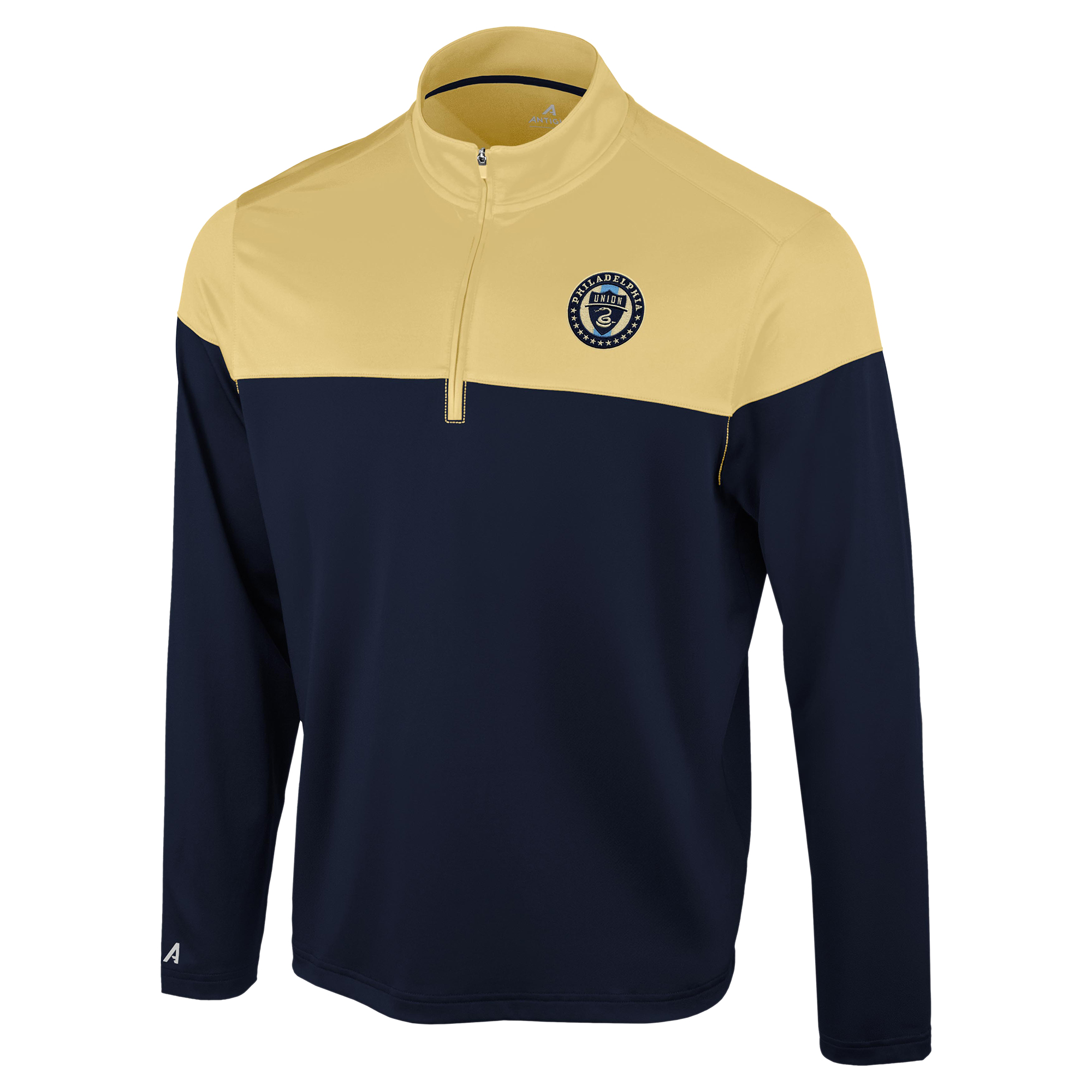 Men's Antigua Navy/Gold Philadelphia Union Hinder Quarter-Zip Pullover