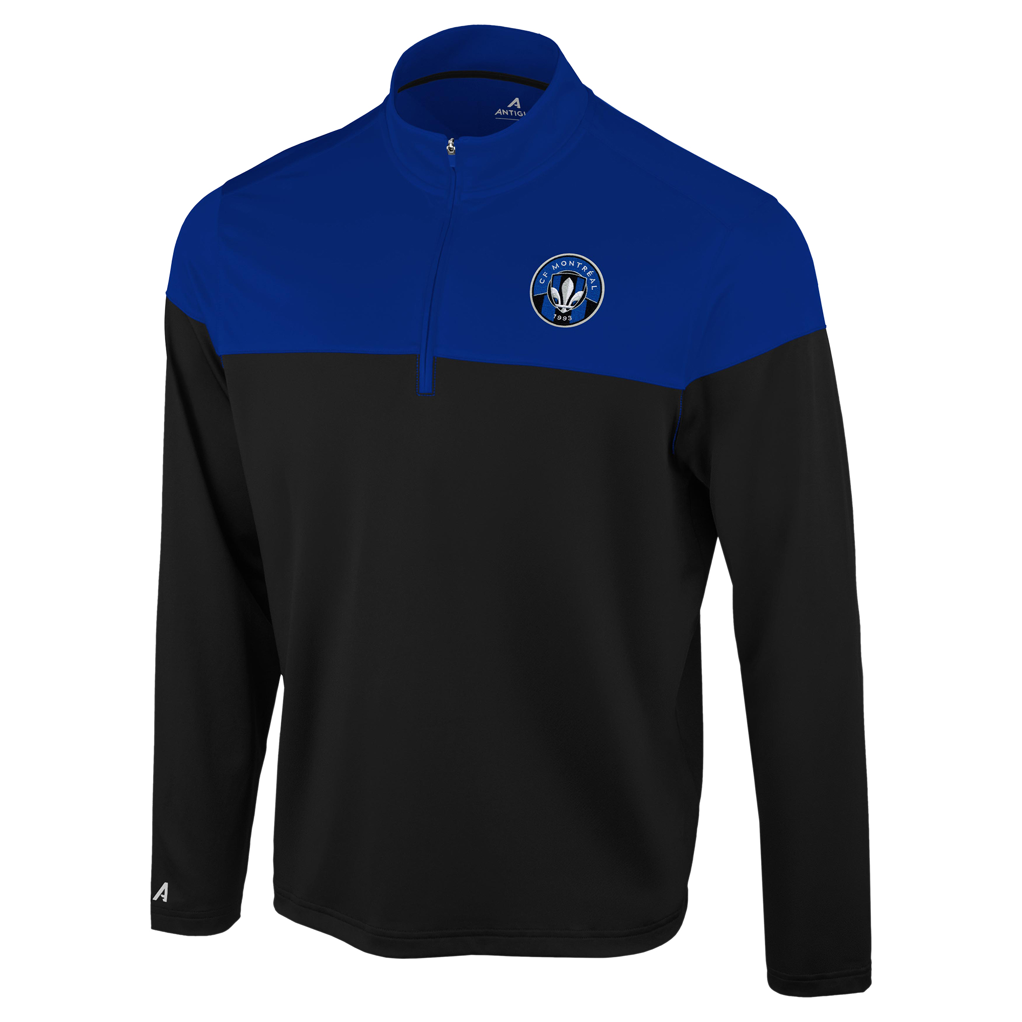 Men's Antigua Black/Blue CF Montreal Hinder Quarter-Zip Pullover