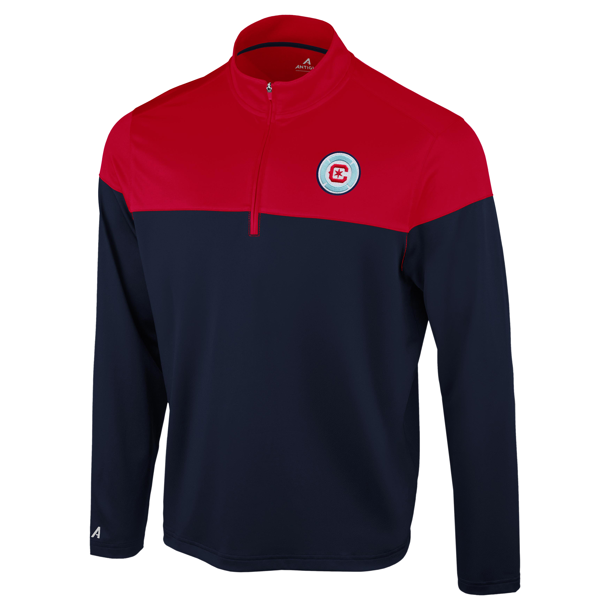 Men's Antigua Navy/Red Chicago Fire Hinder Quarter-Zip Pullover