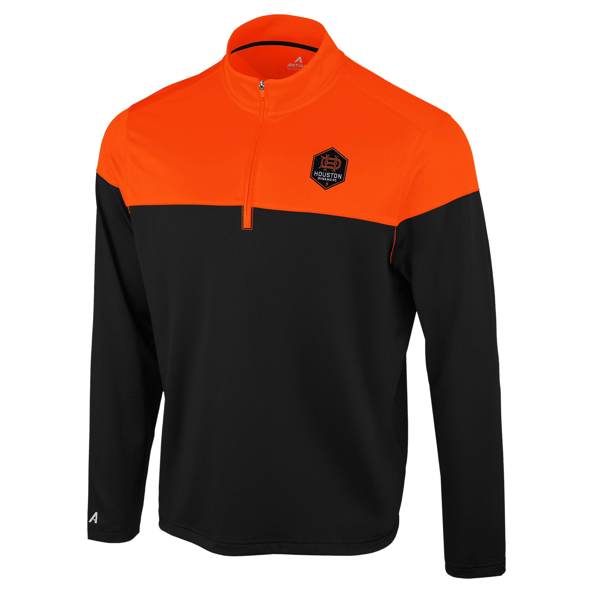 Men's Antigua Black/Orange Houston Dynamo FC Hinder Quarter-Zip Pullover
