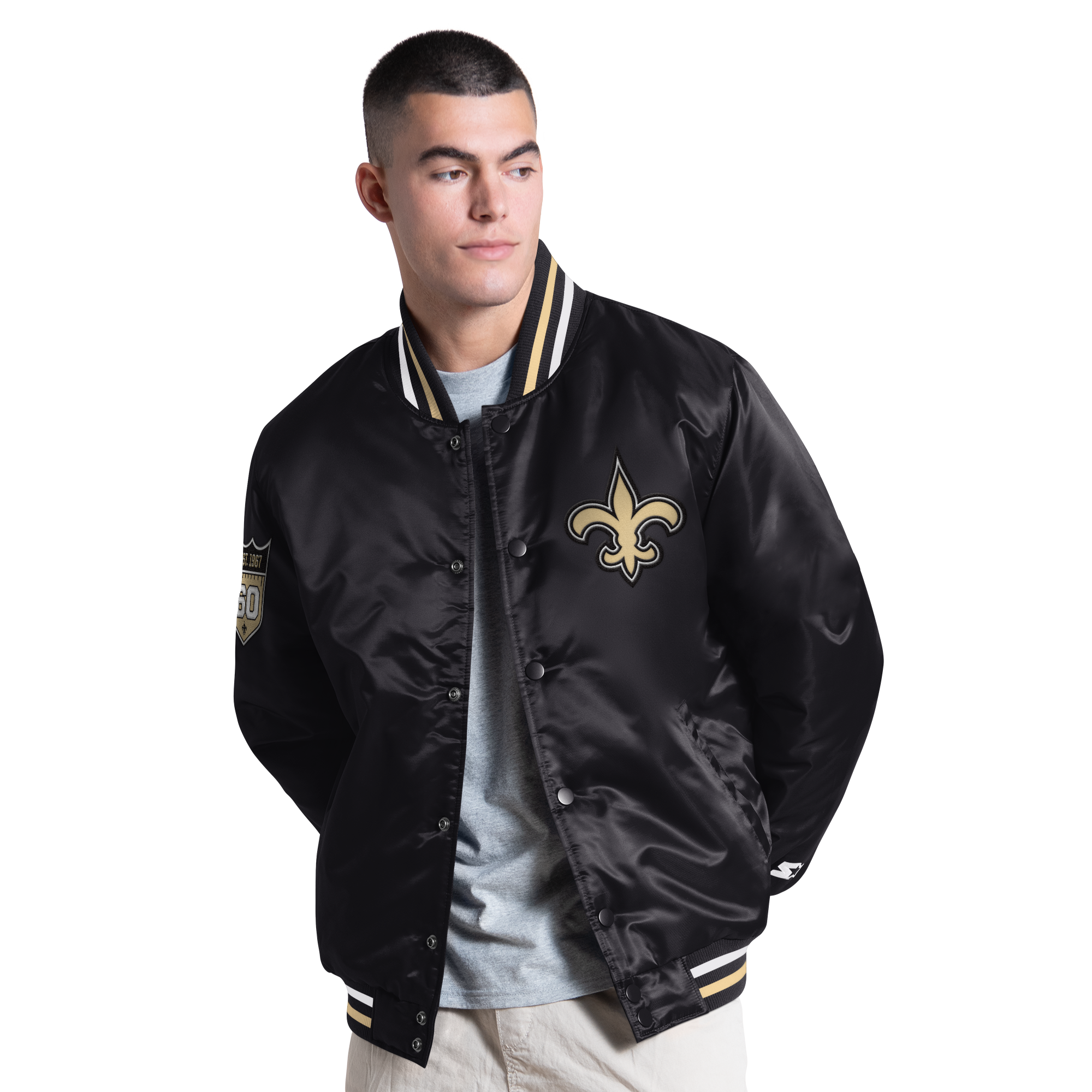 Men's Starter Black New Orleans Saints 60th Anniversary Varsity Full-Snap Jacket