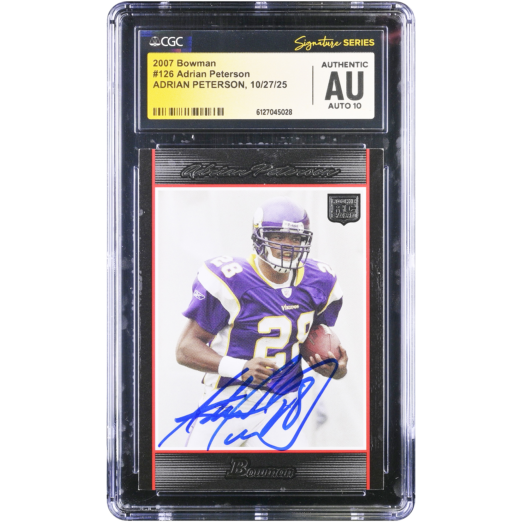 Adrian Peterson Minnesota Vikings Autographed 2007 Bowman #126 CGC Fanatics Witnessed Authenticated Auto 10 Rookie Card