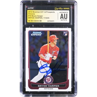 Bryce Harper Washington Nationals Autographed 2012 Bowman Chrome Draft Picks & Prospects #10 CGC Fanatics Witnessed Authenticated Auto 10 Rookie Card