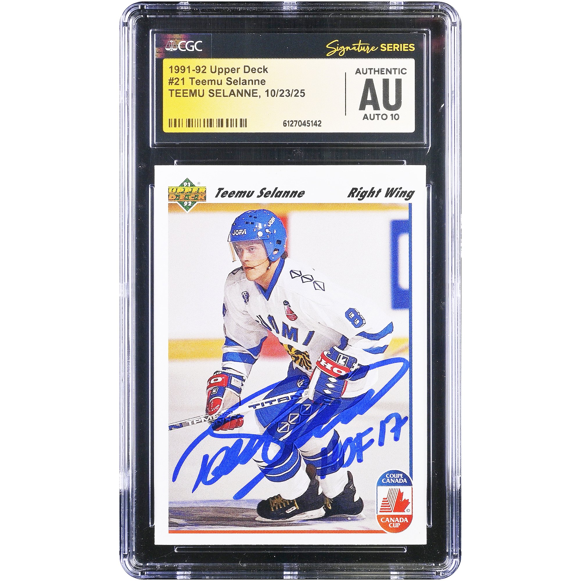 Teemu Selanne Finland Hockey Autographed 1991-92 Upper Deck #21 CGC Fanatics Witnessed Authenticated Auto 10 Rookie Card with HOF 17 Inscription. rookie card picture