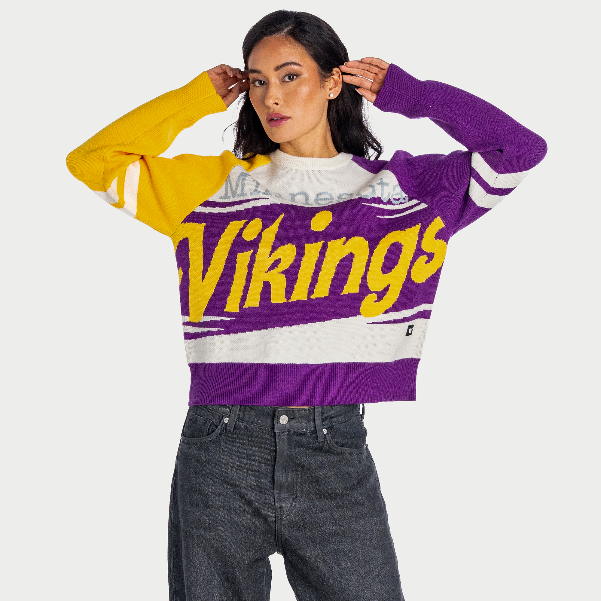 Women's The Wild Collective  Cream Minnesota Vikings Boxy Raglan Jacquard Tri-Blend Sweater