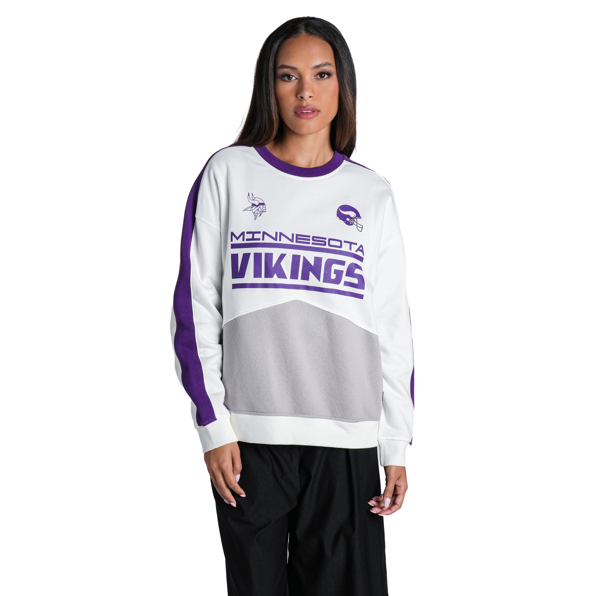 Women's The Wild Collective White Minnesota Vikings Chevron Crewneck Sweatshirt