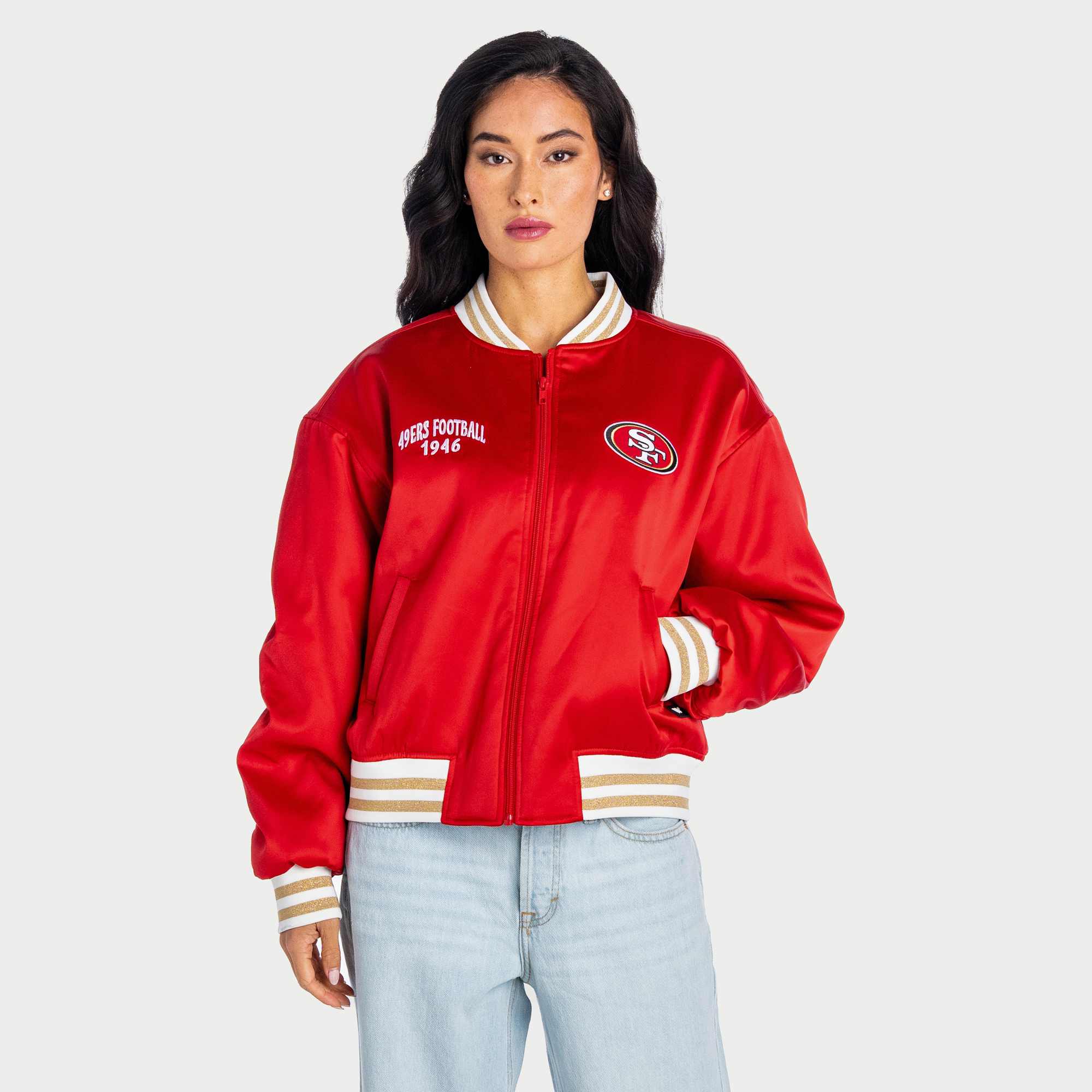 The Wild Collective Women's Scarlet San Francisco 49ers Oversized Satin Full-Zip Jacket - Scarlet