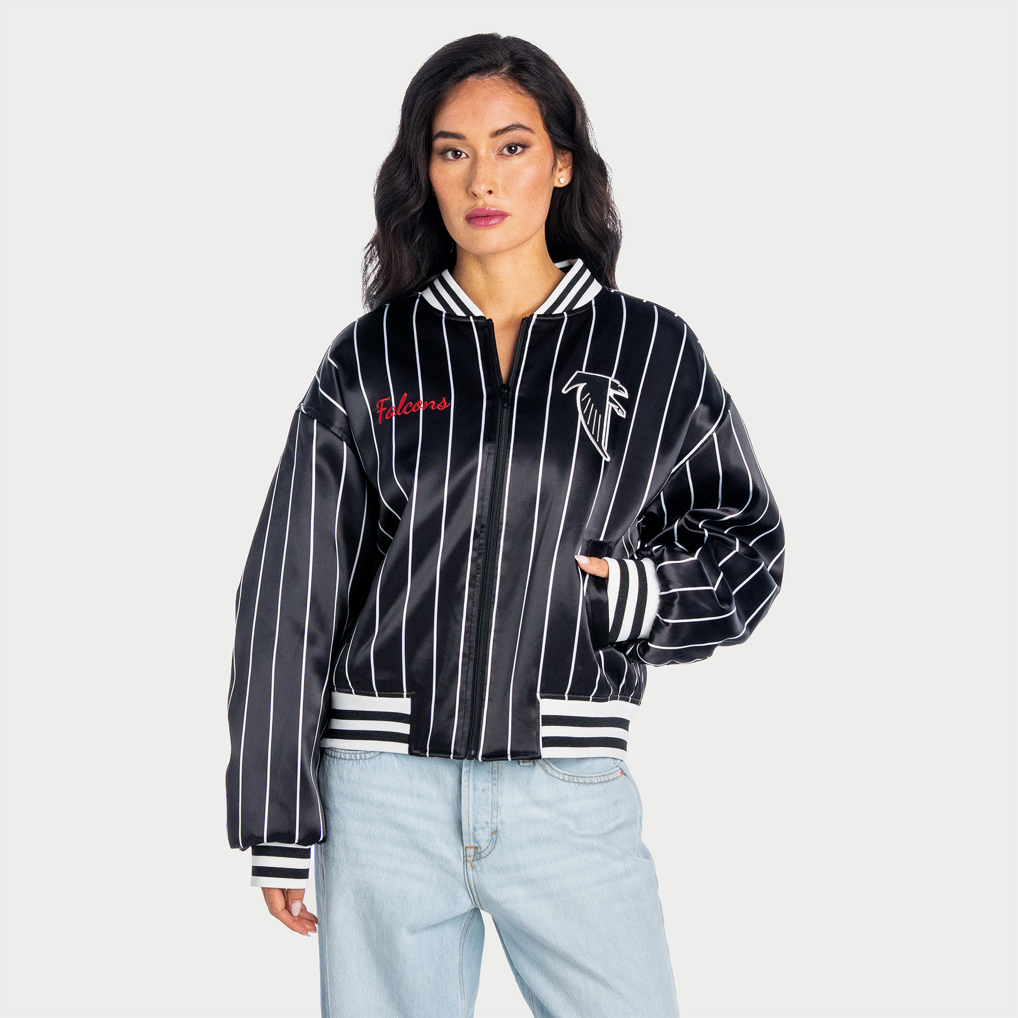 Women's The Wild Collective Black Atlanta Falcons Oversized Satin Full-Zip Jacket