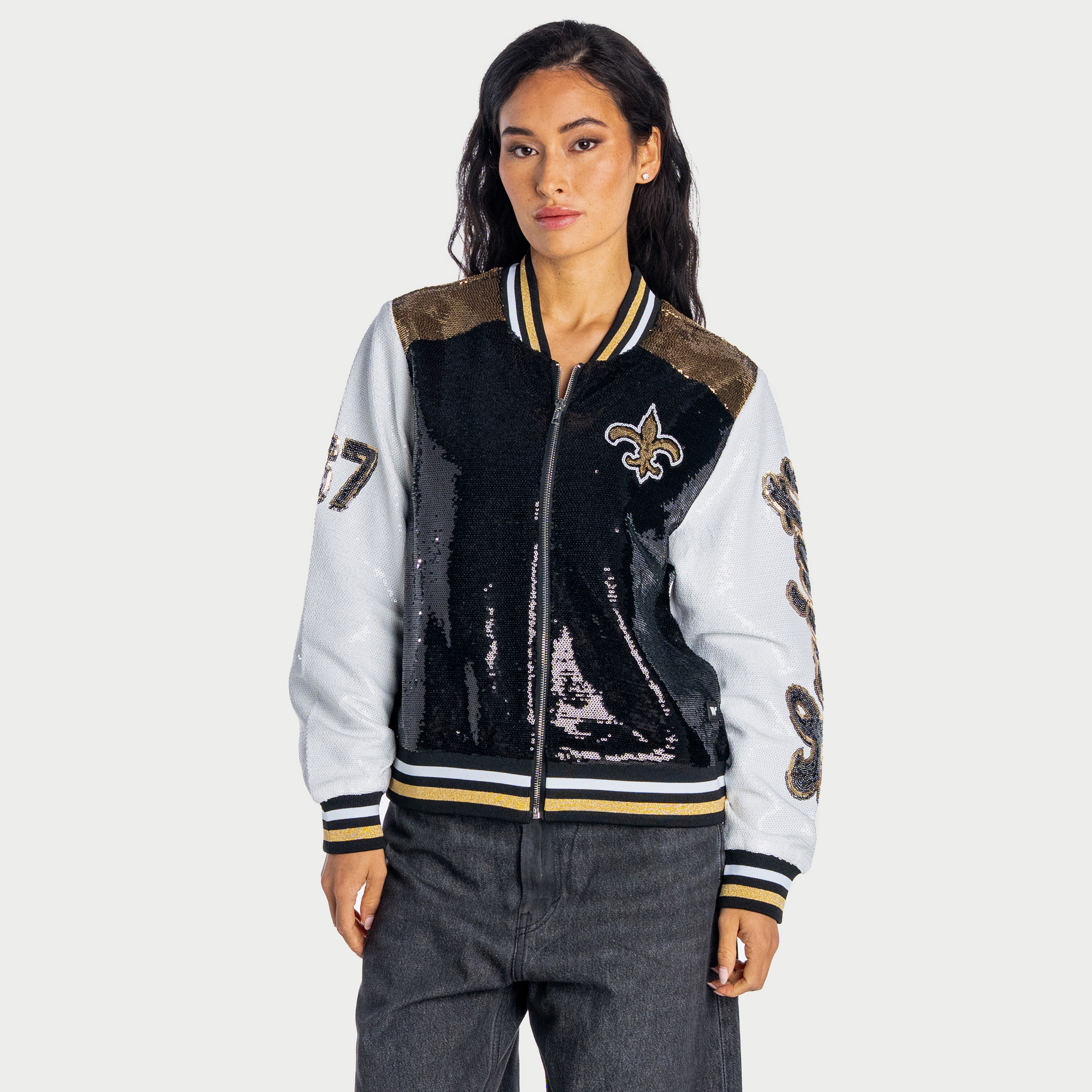 Women's The Wild Collective  New Orleans Saints Black Full-Zip Sequin Bomber Jacket