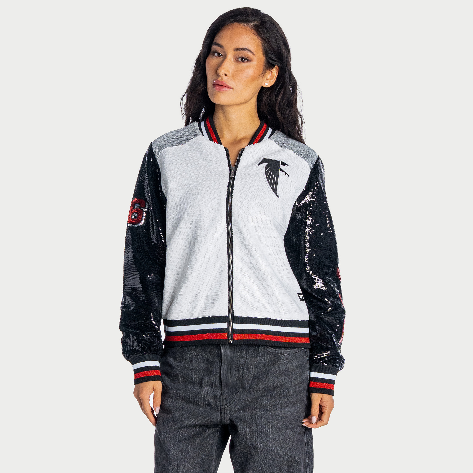 Women's The Wild Collective  Atlanta Falcons White Full-Zip Sequin Bomber Jacket