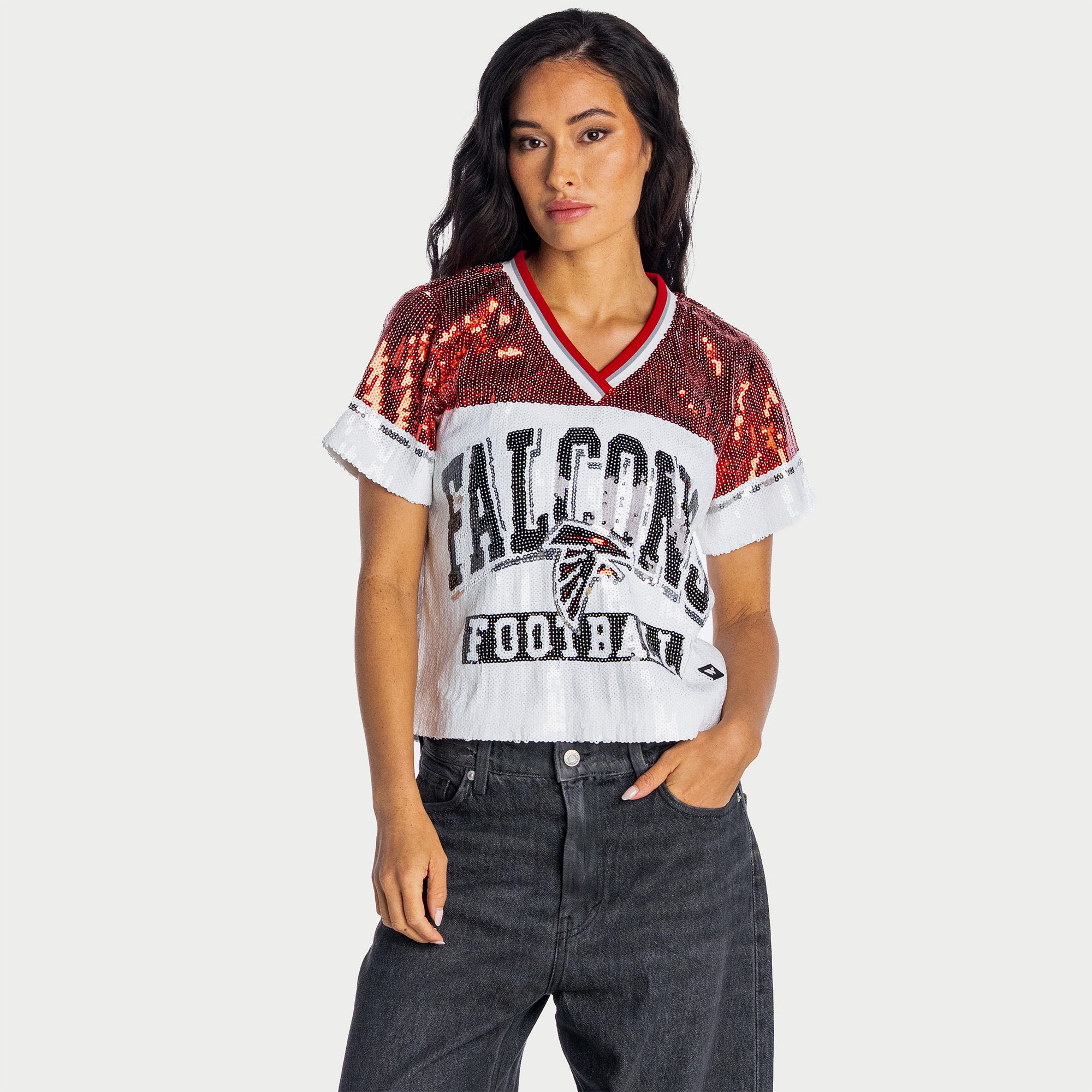 Women's The Wild Collective  White Atlanta Falcons Sequin V-Neck T-Shirt