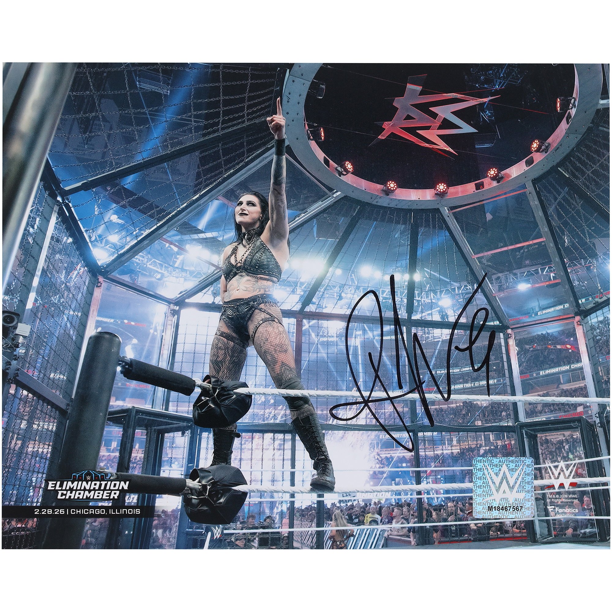 Rhea Ripley WWE Autographed 8" x 10" 2026 Elimination Chamber Pointing Photograph