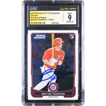 Bryce Harper Washington Nationals Autographed 2012 Bowman Chrome Draft Picks & Prospects #10 CGC Authenticated 9/10 Rookie Card