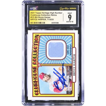 Bryce Harper Philadelphia Phillies Autographed 2021 Topps Heritage High Number Game Used Relic #CC-BH CGC Authenticated 9/10 Card