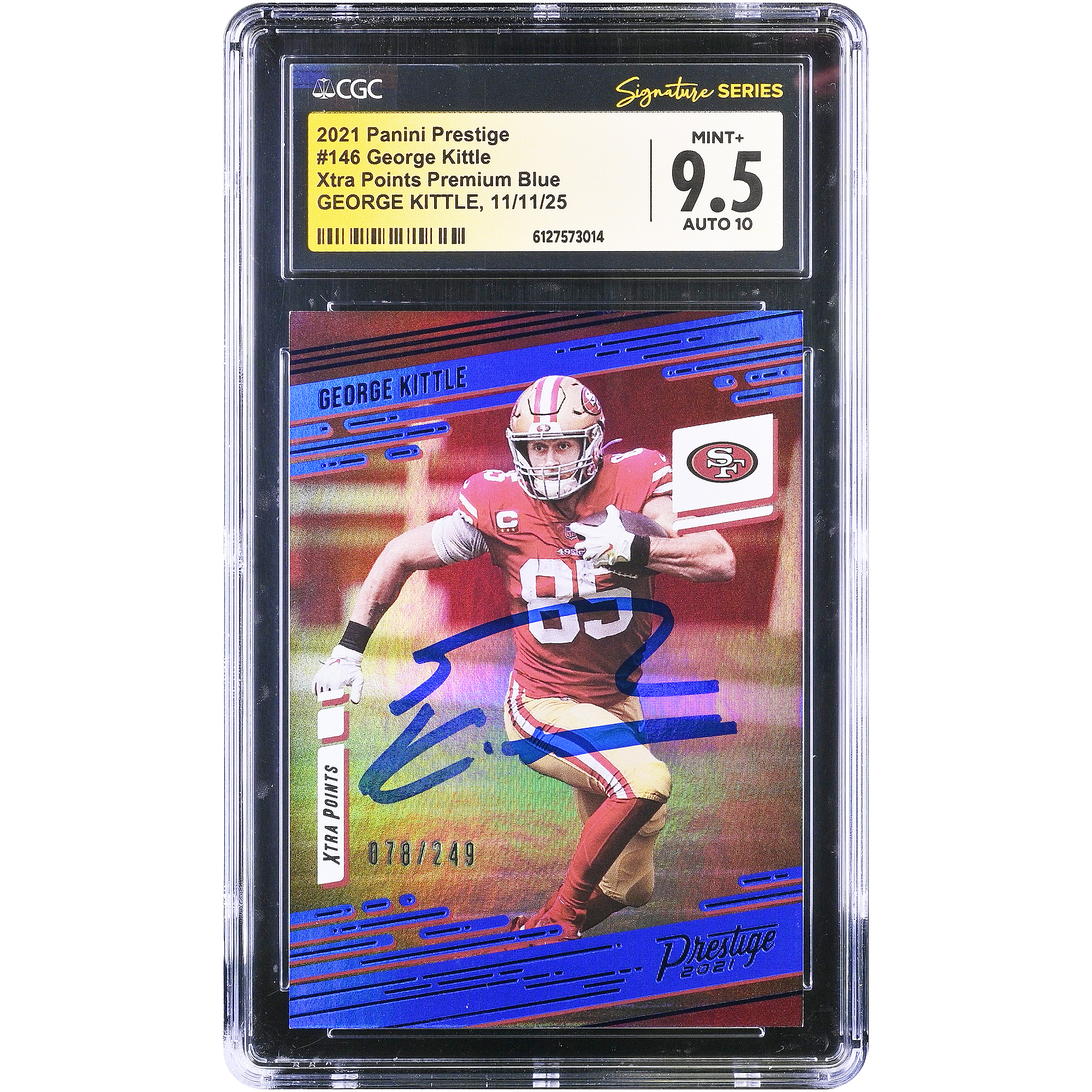 George Kittle San Francisco 49ers Autographed 2021 Panini Prestige Xtra Points Premium Blue #146 #/249 CGC Authenticated 9.5/10 Card