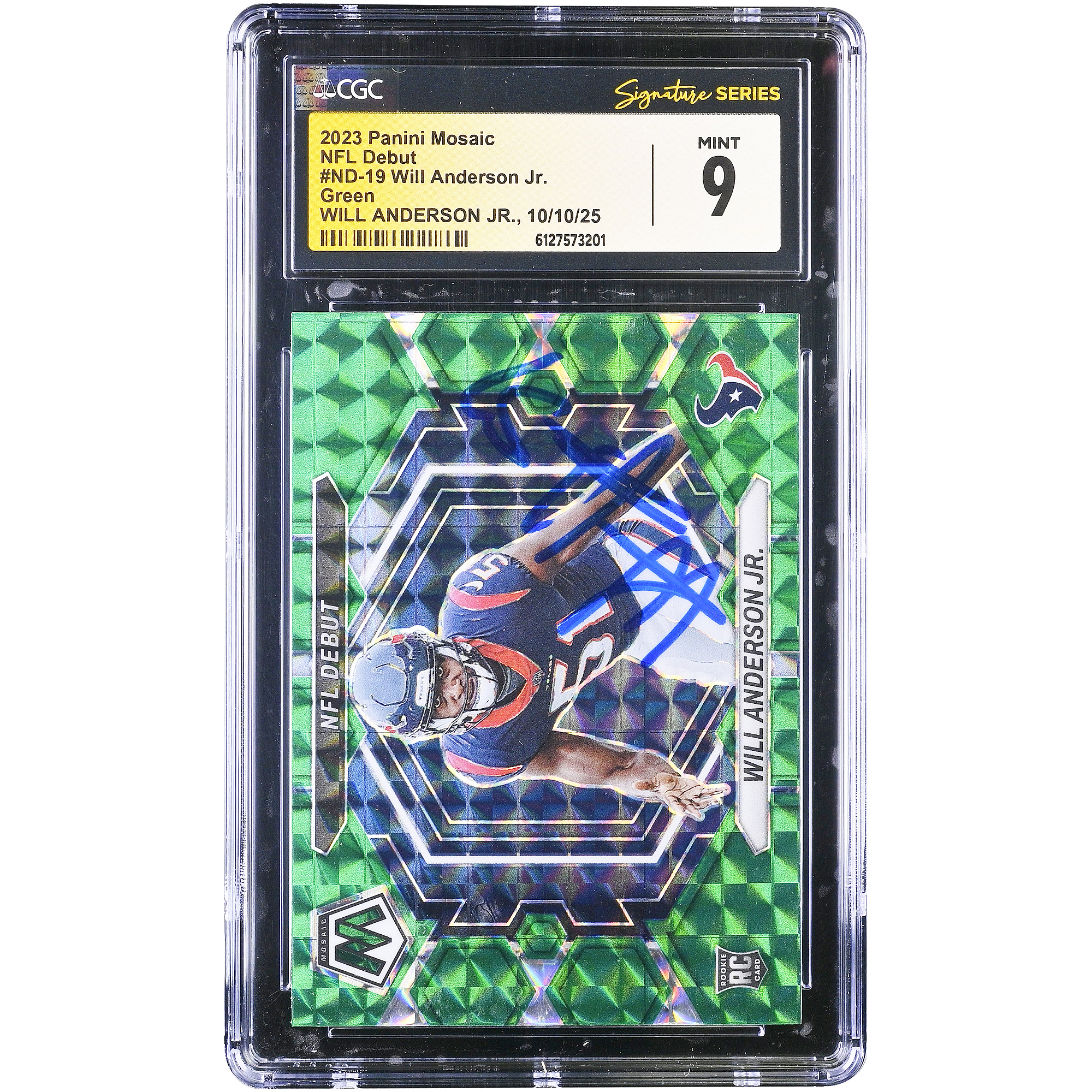 Will Anderson Jr. Houston Texans Autographed 2023 Panini Mosaic NFL Debut Mosaic Green #ND-19 CGC Authenticated Mint 9 Rookie Card