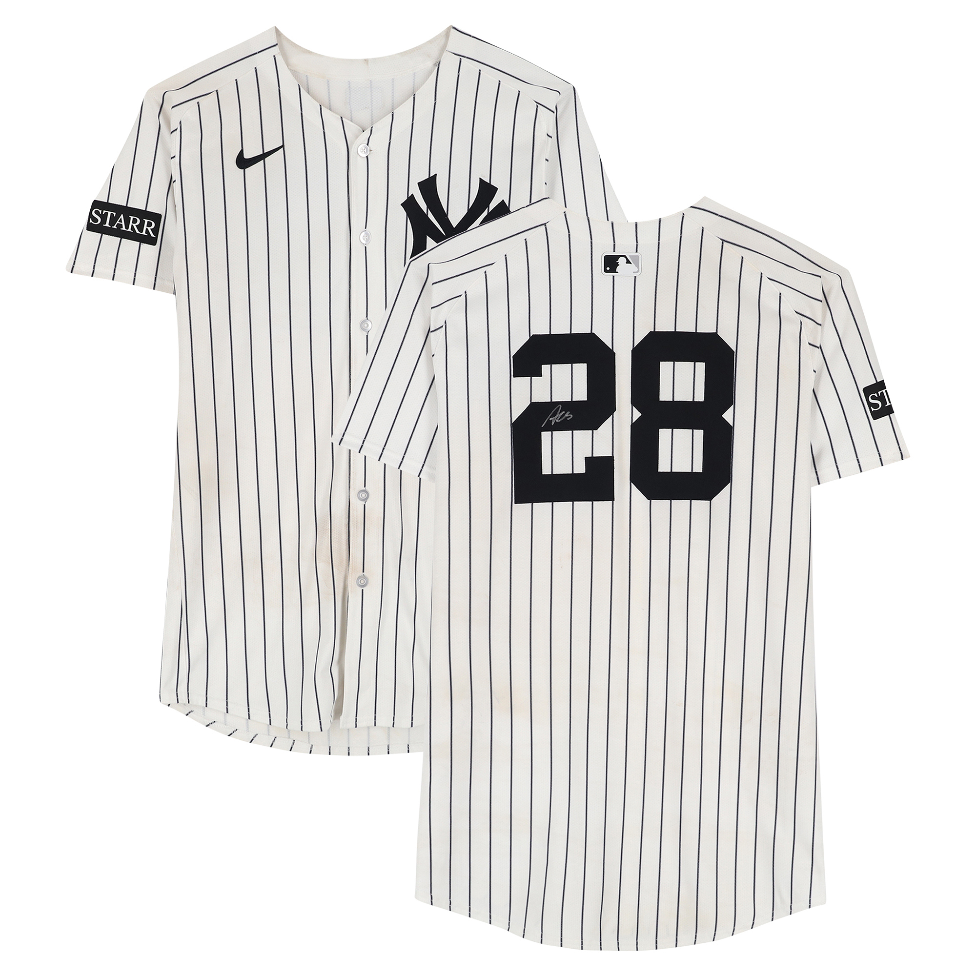 Austin Wells New York Yankees Autographed Game-Used #28 White Pinstripe Jersey vs. Baltimore Orioles on September 28, 2025