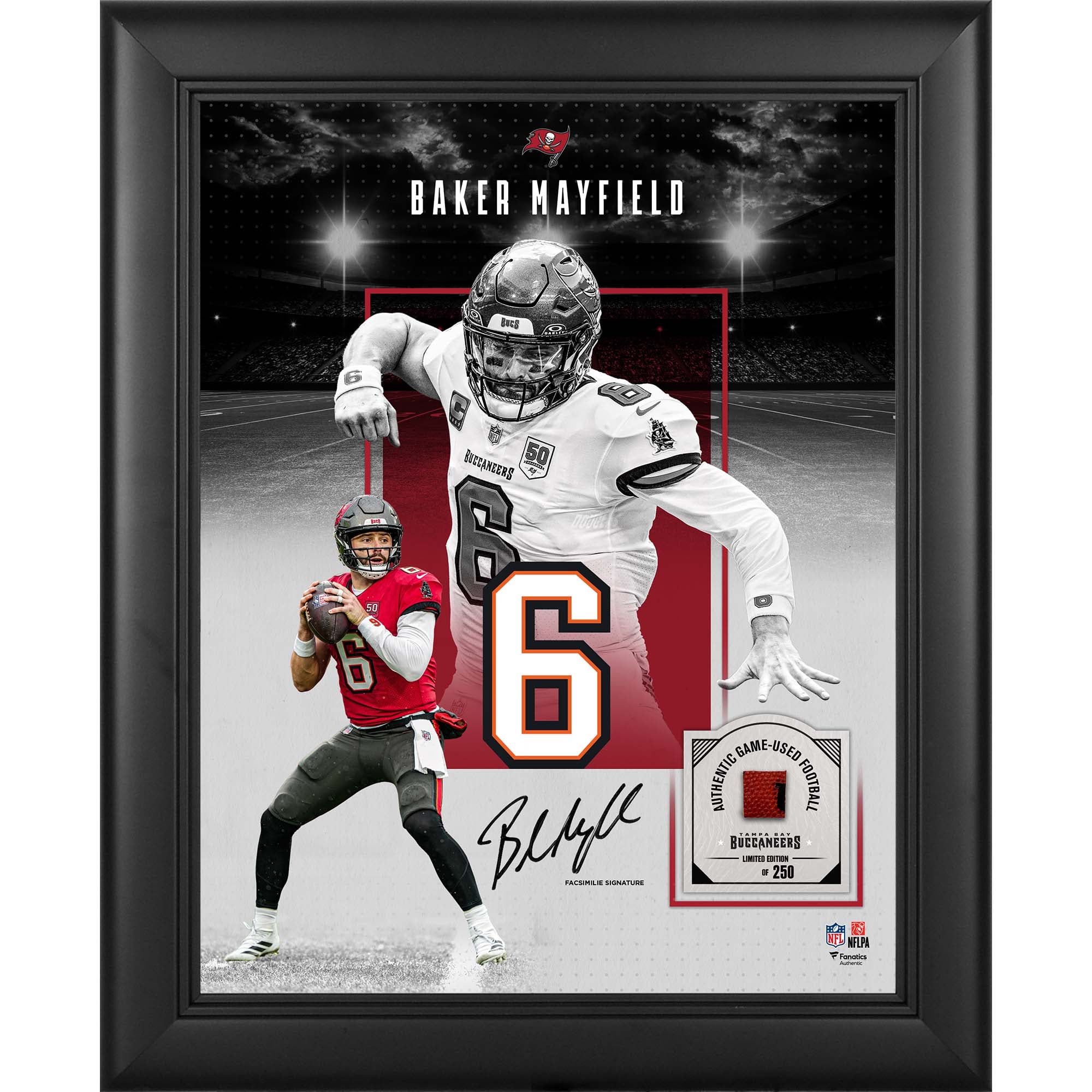 Baker Mayfield Tampa Bay Buccaneers Facsimile Signature Framed 11" x 14" Showcase Collage with a Piece of Game-Used Football - Limited Edition of 250