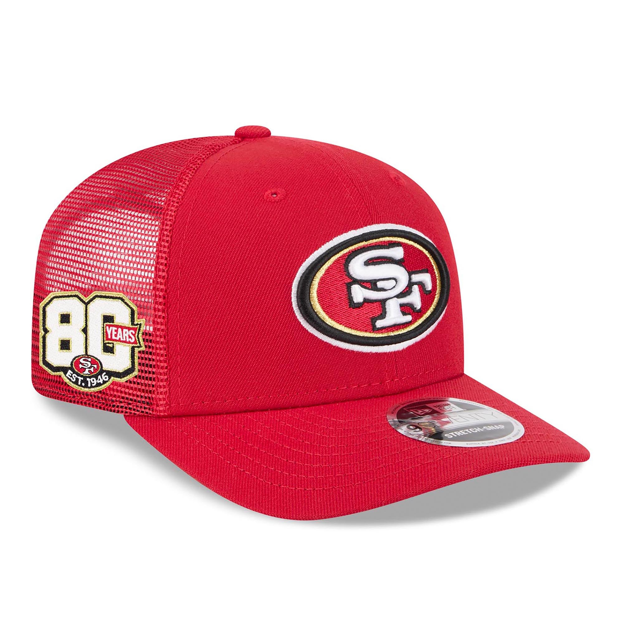 Men's New Era Scarlet San Francisco 49ers 80th Anniversary Side Patch 9SEVENTY Trucker Adjustable Hat