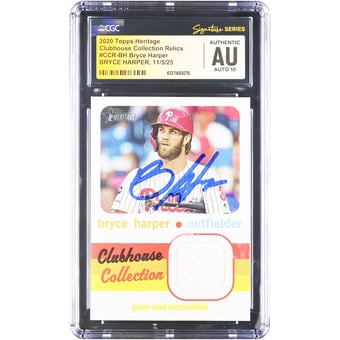 Bryce Harper Philadelphia Phillies Autographed 2020 Topps Heritage Clubhouse Collection Relics #CCR-BH CGC Fanatics Witnessed Authenticated Auto 10 Card