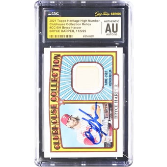 Bryce Harper Philadelphia Phillies Autographed 2021 Topps Heritage High Number Clubhouse Collection GU Relic #CC-BH CGC Authenticated Auto 10 Card
