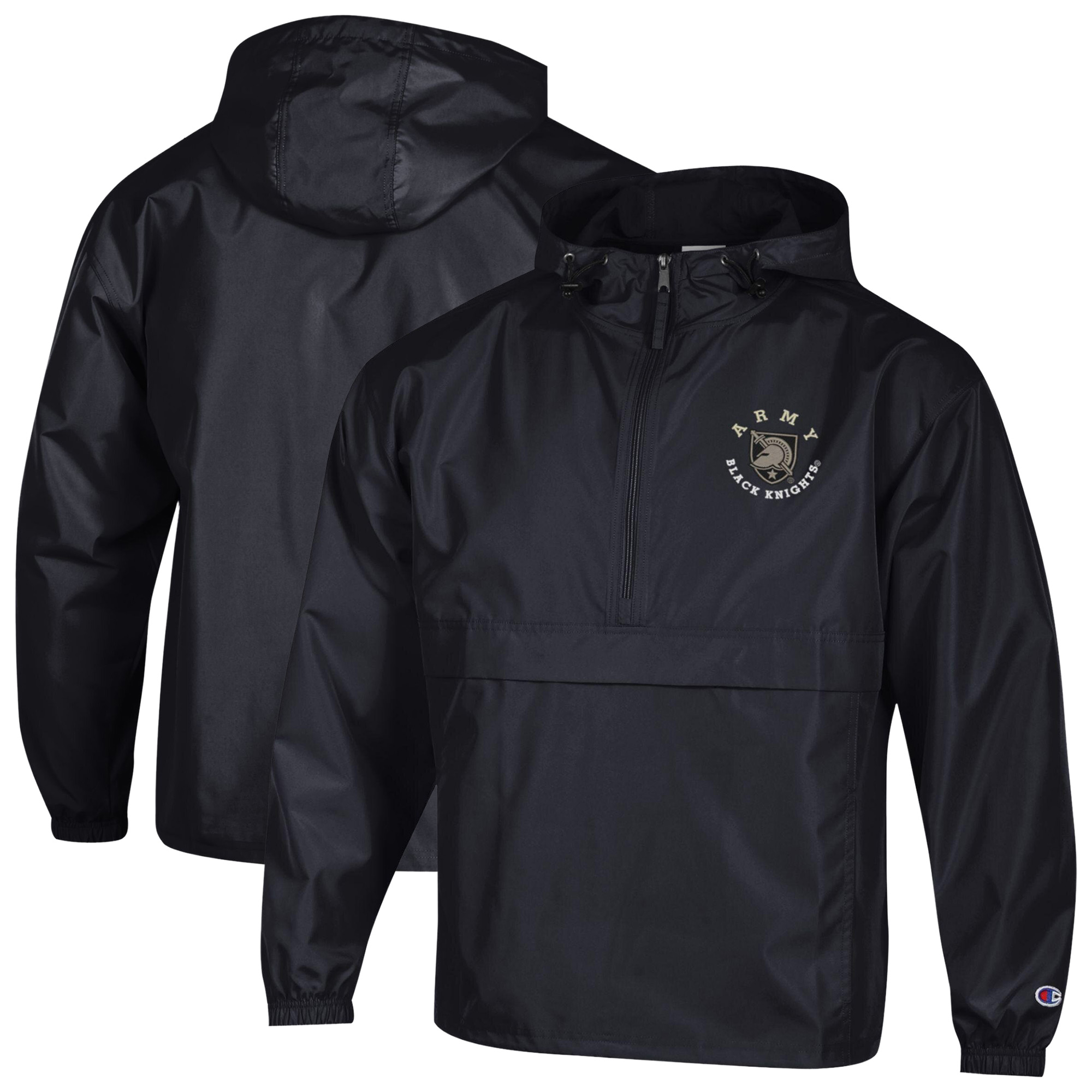 Men's Champion  Black Army Black Knights Packable Hooded Windbreaker Half-Zip Jacket