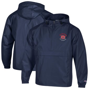 Men's Champion  Navy Auburn Tigers Packable Hooded Windbreaker Half-Zip Jacket