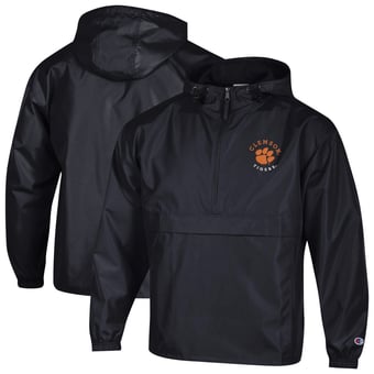 Men's Champion  Black Clemson Tigers Packable Hooded Windbreaker Half-Zip Jacket