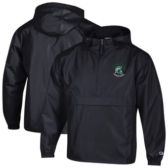 Men's Champion  Black Michigan State Spartans Packable Hooded Windbreaker Half-Zip Jacket