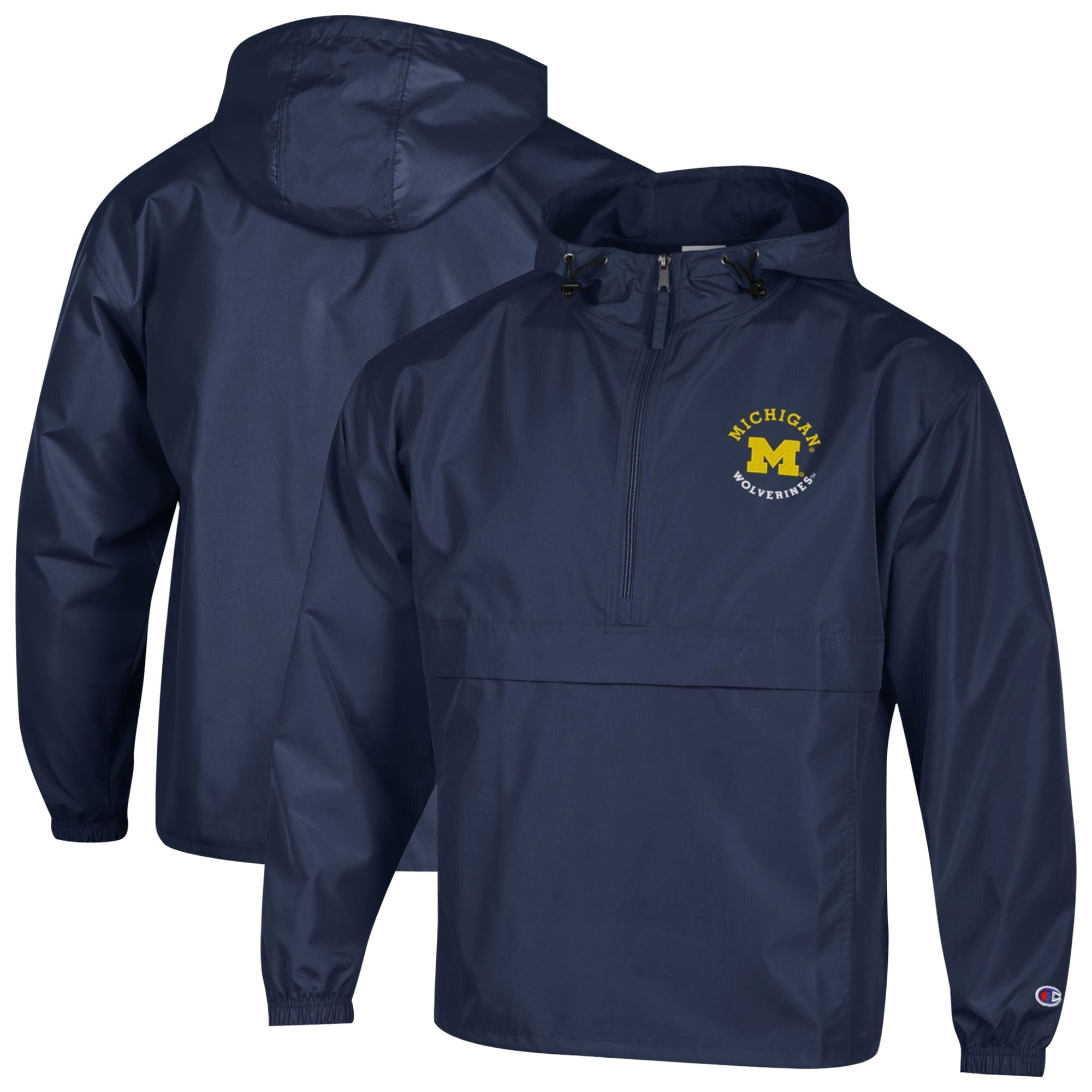 Men's Champion  Navy Michigan Wolverines Packable Hooded Windbreaker Half-Zip Jacket