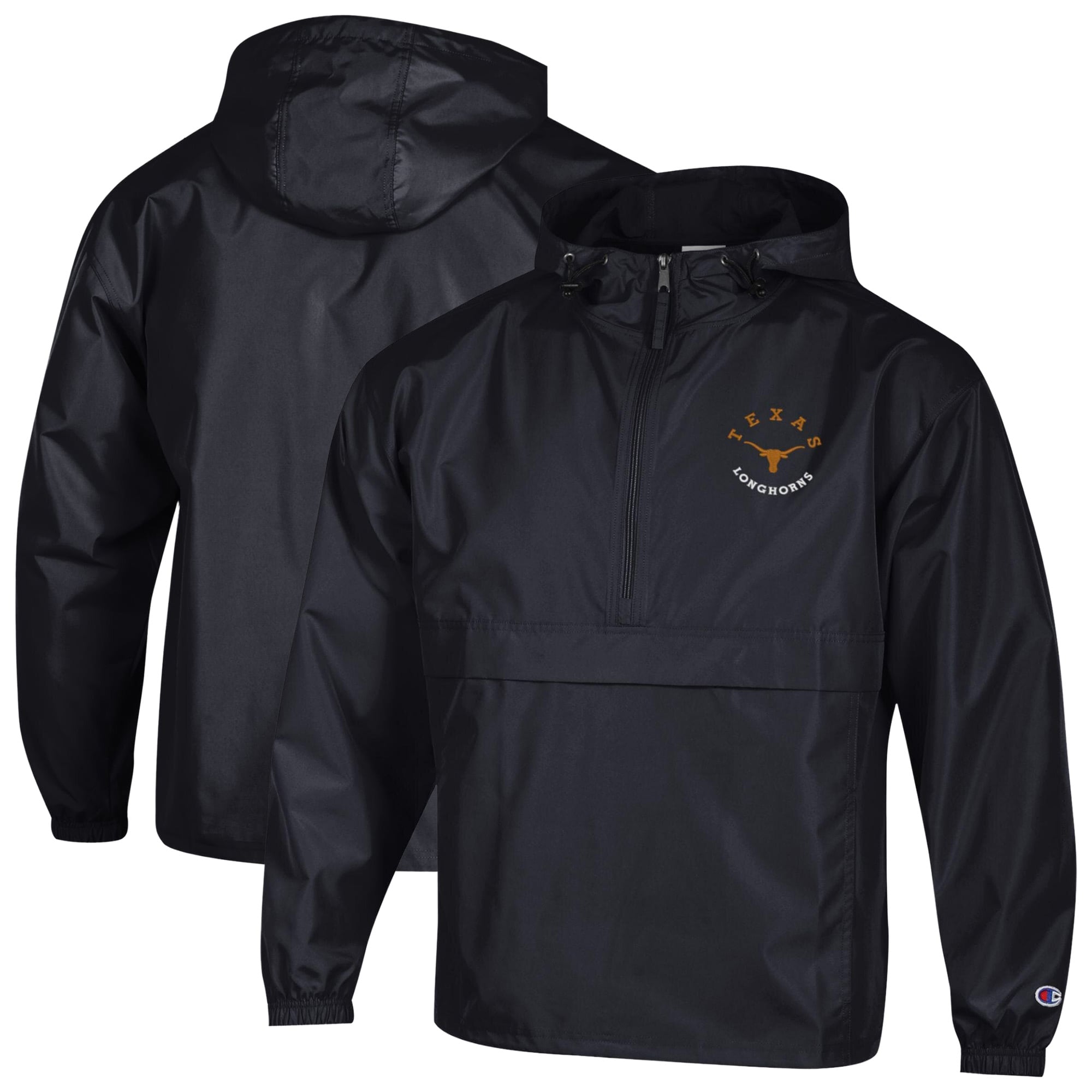 Men's Champion  Black Texas Longhorns Packable Hooded Windbreaker Half-Zip Jacket