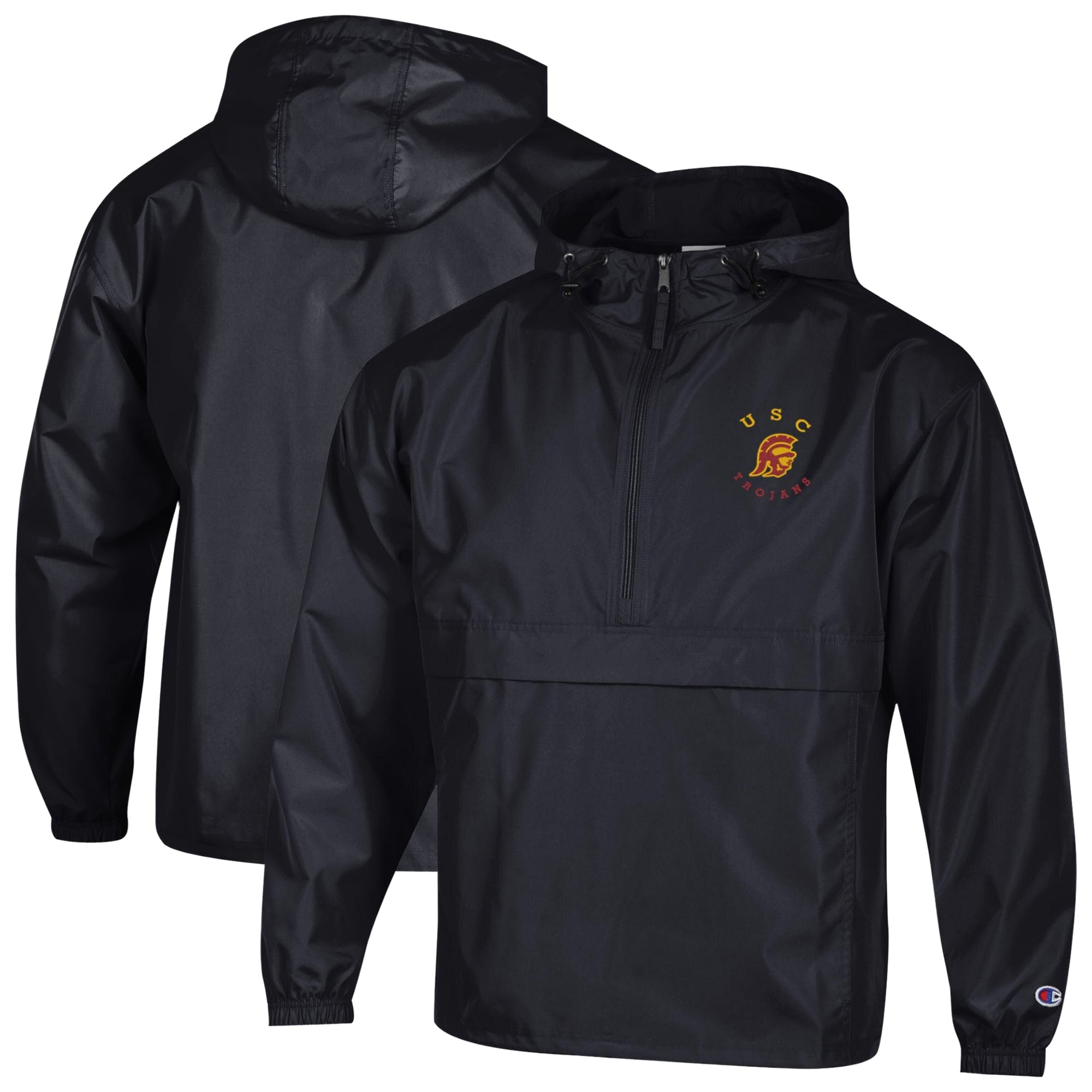 Men's Champion  Black USC Trojans Packable Hooded Windbreaker Half-Zip Jacket