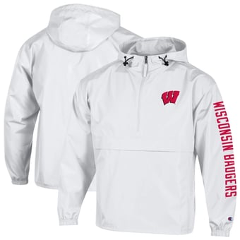 Men's Champion  White Wisconsin Badgers Cloud Packable Half-Zip Hooded Jacket