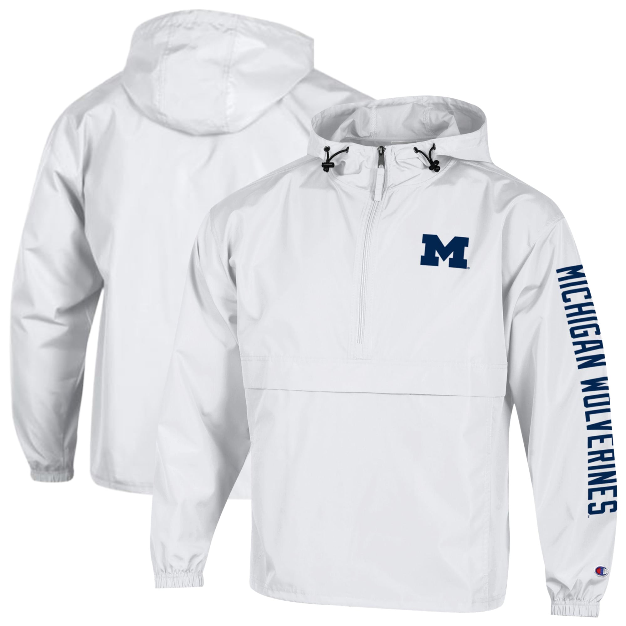 Men's Champion  White Michigan Wolverines Cloud Packable Half-Zip Hooded Jacket