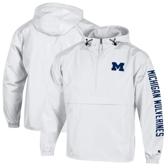 Men's Champion  White Michigan Wolverines Cloud Packable Half-Zip Hooded Jacket