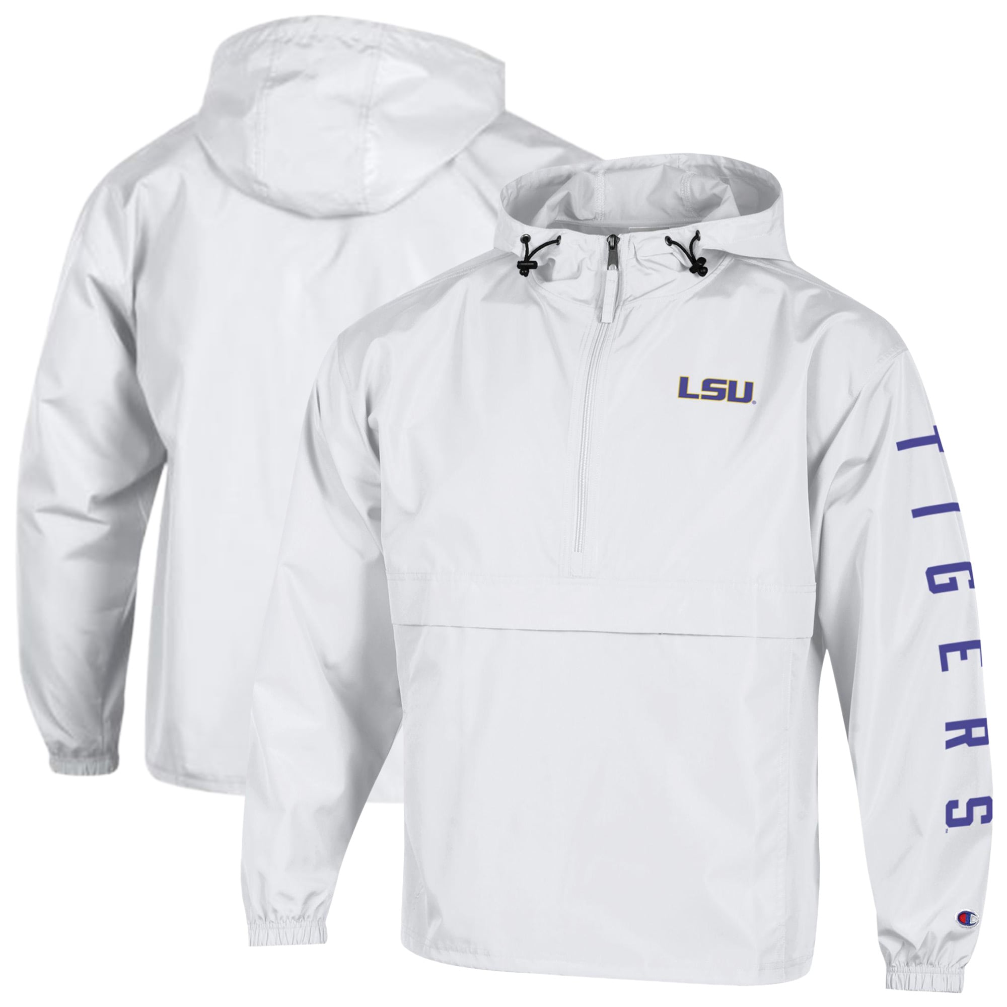 Men's Champion  White LSU Tigers Cloud Packable Half-Zip Hooded Jacket