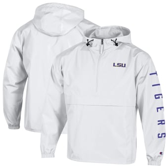 Men's Champion  White LSU Tigers Cloud Packable Half-Zip Hooded Jacket