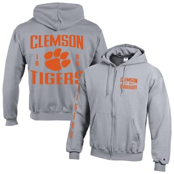 Men's Champion  Heather Gray Clemson Tigers Varsity Powerblend Full-Zip Fleece Hoodie