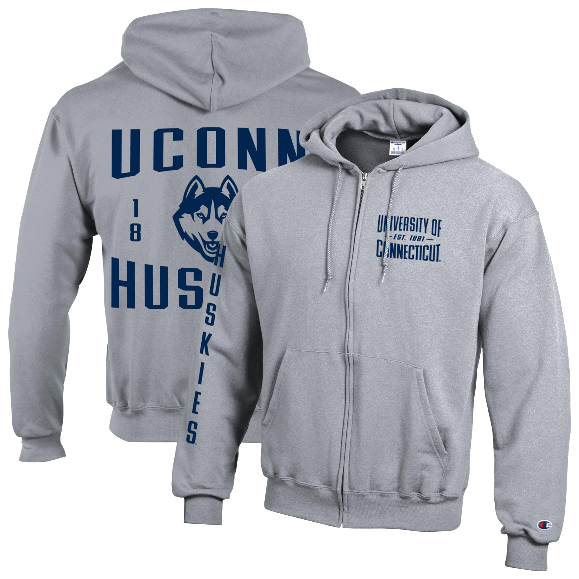 Men's Champion  Heather Gray UConn Huskies Varsity Powerblend Full-Zip Fleece Hoodie