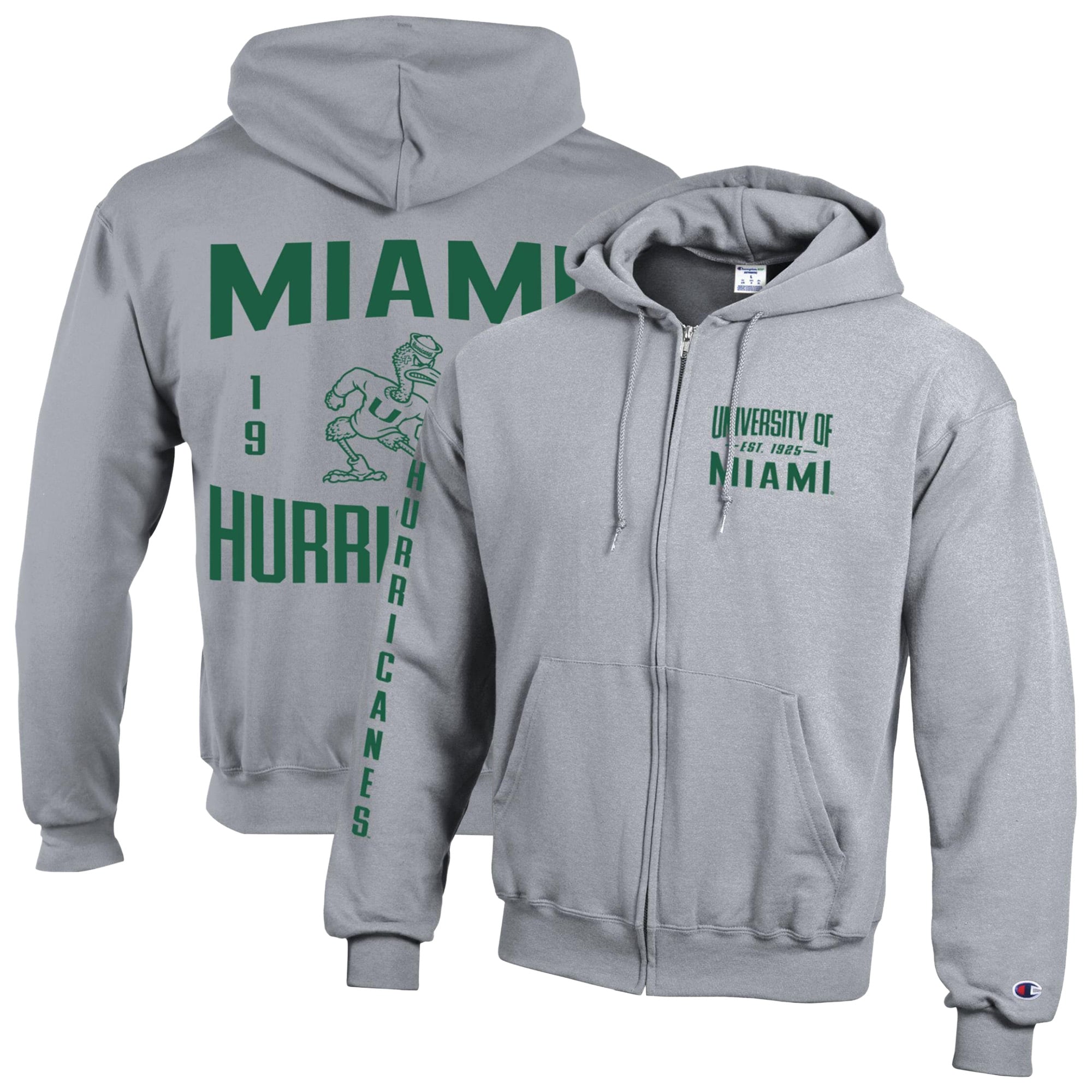 Men's Champion  Gray Miami Hurricanes Varsity Powerblend Full-Zip Fleece Hoodie