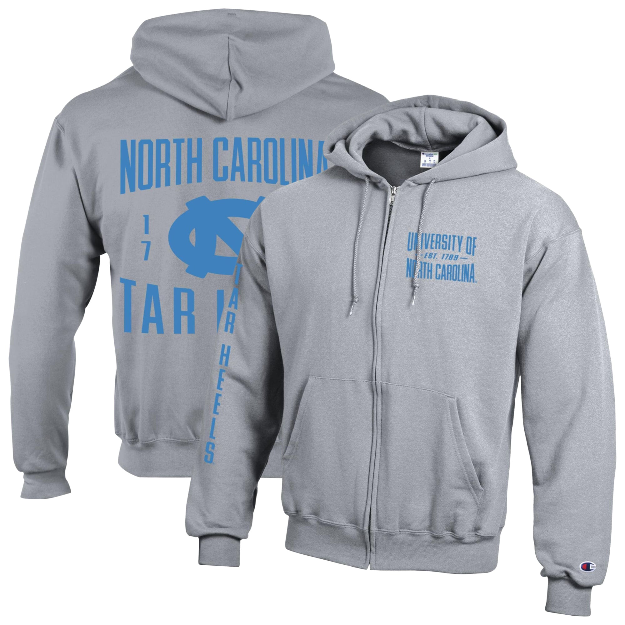 Men's Champion  Gray North Carolina Tar Heels Varsity Powerblend Full-Zip Fleece Hoodie